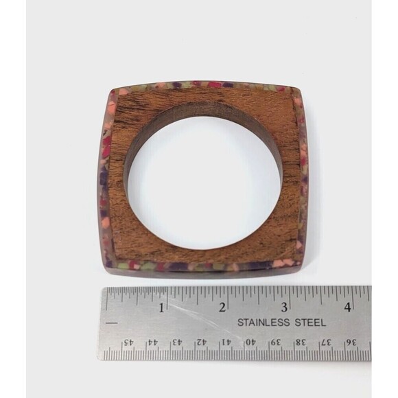 Vintage Bangle Bracelet Wood Lucite Brown Square Chunky Boho Chic Eclectic Artsy - Picture 10 of 11